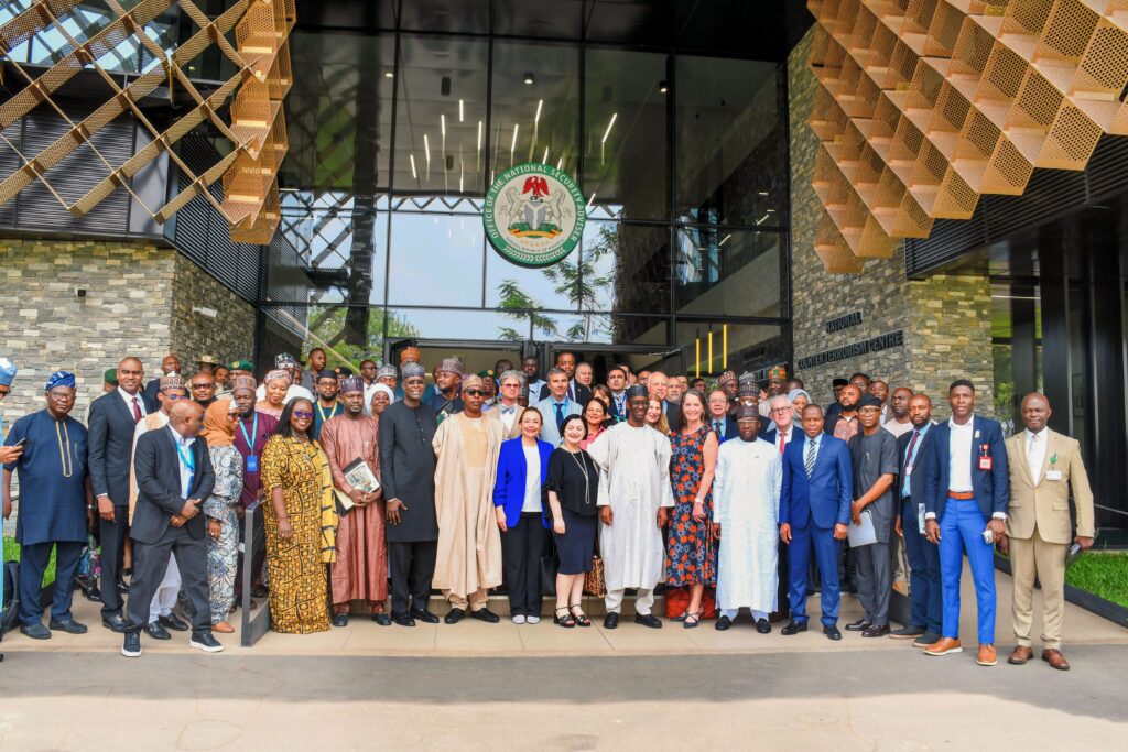 National Security Adviser, Mallam Nuhu Ribadu (8th Right), National Coordinator, NCTC-ONSA, Retired Rear Admiral Yaminu Musa, PhD (5th right); Gov. Babagana Zulum of Borno State (8th Left); Representatives of the EU Delegation to Nigeria and ECOWAS; Ambassadors of Various Countries and other High level Dignitaries in a group photograph after the launch of SD3R Project for North East Nigeria in Abuja, on Thursday, March 14, 2024
